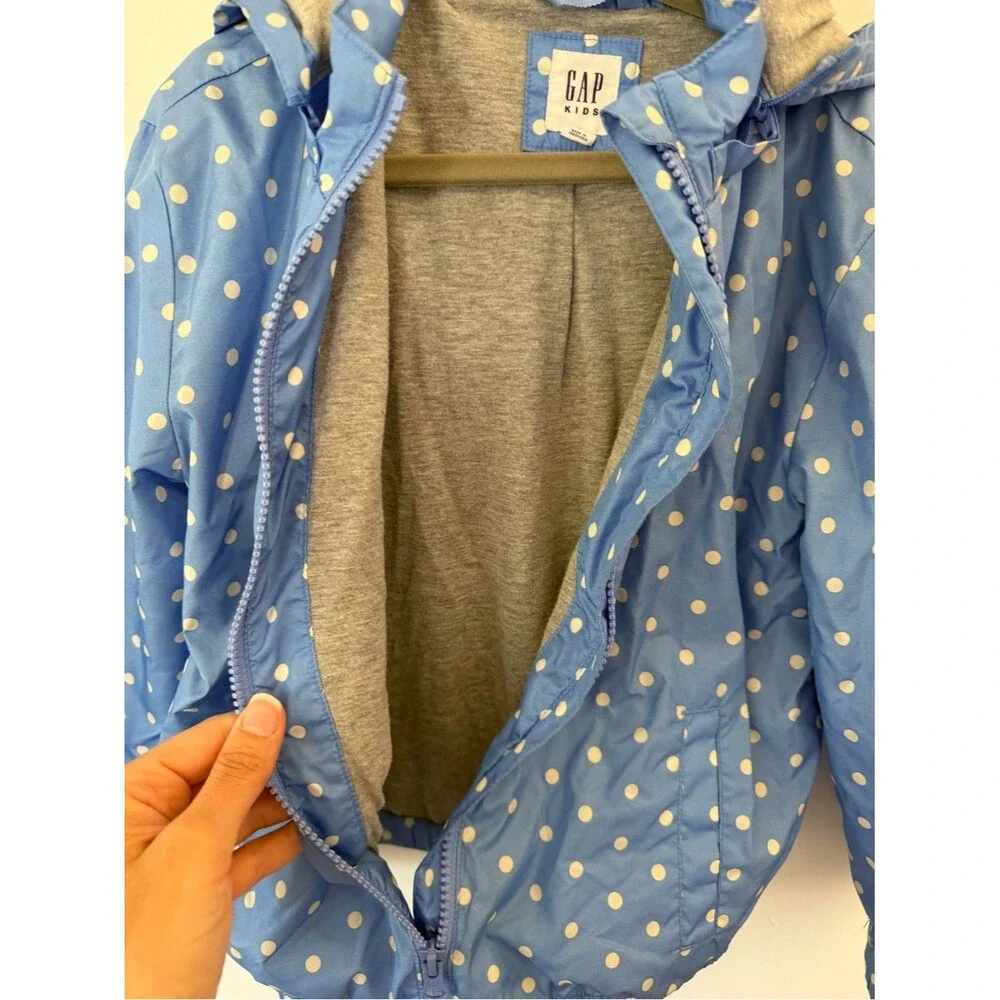 GAP Light Blue Polka Dot Hooded Rain Jacket size small (6/7)